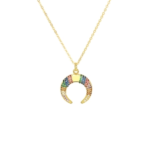 Minimalist gold horn pendant necklace with colorful micro-paved cubic zirconia stones
