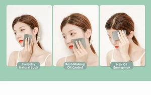 Three scenes showing oil-blotting paper used on face and hair for instant oil control