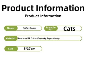 Detail view of corduroy snake cat toy with PP cotton, crinkle paper and catnip specs