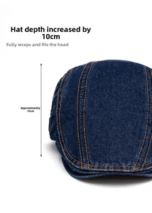 Detail of blue denim flat cap showing 10cm depth and orange contrast stitching