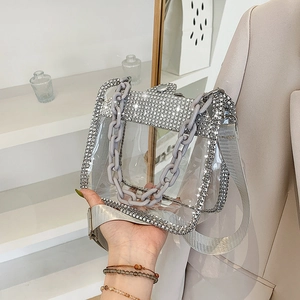 Fashionable clear PVC handbag with sparkling silver rhinestones and gray acrylic chain strap