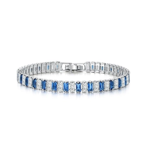 Elegant silver tennis bracelet with alternating blue and white rectangular zircon stones