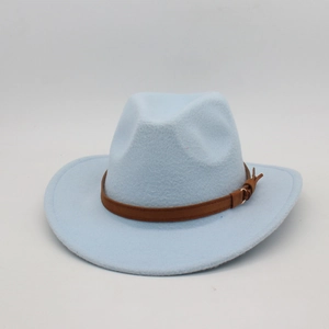 Detail of light blue wool felt fedora featuring a brown leather decorative band and buckle