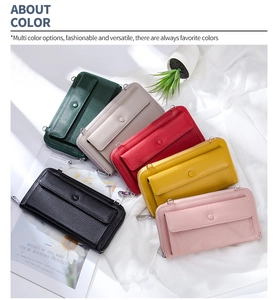 Flat lay of multi-colored lychee pattern PU leather touch screen crossbody cell phone bags