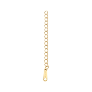Close-up of golden stainless steel teardrop charm and S.STEEL engraving on extension chain