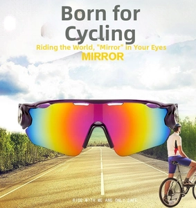 Detail of riding sunglasses with colorful gradient lenses and durable purple frames