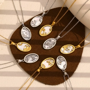 Twelve Zodiac Constellation Necklace Stainless Steel 18K Gold Plated Mother Of Artificial Pearl Inlaid Oval Pendant For Women