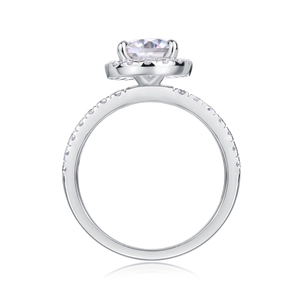 Classic S925 sterling silver halo ring with a round moissanite and pave diamonds