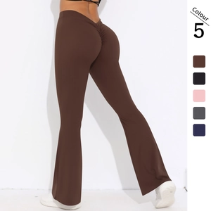 Damen Hohe Taille V-Taille Scrunch Butt Weites Bein Schlag Yogahose Geraut Nylon Elasthan Bauchkontrolle Fitness Workout Bottom