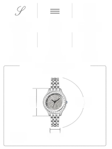 Detailed size specifications for the luxury diamond quartz watch with dial measurements