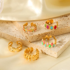 Set of five 18K gold plated stainless steel open rings with colorful enamel details