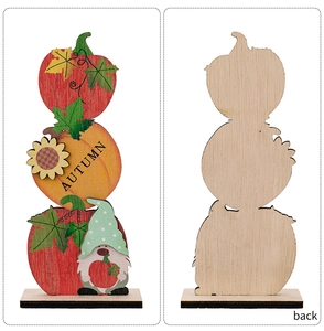 Detailed view of wooden autumn gnome tiered pumpkin decor showing front and back textures
