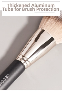 Detail of professional makeup brush with thick aluminum ferrule and soft fibers