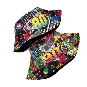 Reversible 80s and 90s retro pop art bucket hats with vintage patterns and black lining