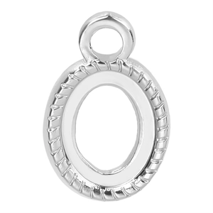 Polished silver stainless steel oval pendant with textured edges on white background