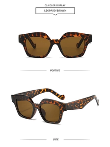 Detail view of square leopard print sunglasses with brown lenses from front and side