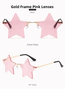 Front and 45-degree views of rimless star sunglasses with pink lenses and gold frame