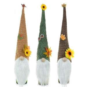 Three autumn gnome wine bottle covers with sunflower and maple leaf on white background