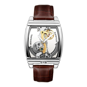 Skeleton mechanical watch with silver tonneau case and dark brown leather strap