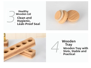 Detail of bamboo airtight lids with silicone rings and a five-slot wooden storage tray