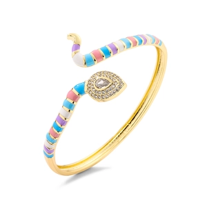 Bohemian gold snake bangle with colorful enamel and cubic zirconia stones in white background