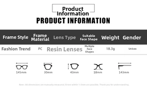 Detailed technical specifications and sizing dimensions for cat eye sunglasses