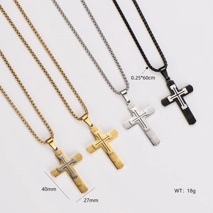 Classic stainless steel double-layer cross pendant necklace in four metallic finishes