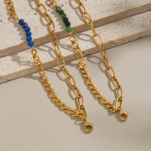 Vintage 18K gold plated stainless steel double layer bracelet with lapis lazuli beads