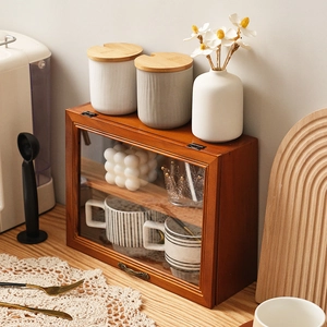 Vintage solid wood desktop cabinet with glass flip door and two-tier storage space
