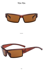 Front and side view of brown rectangular wrap-around Y2K outdoor cycling sunglasses