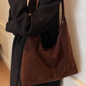 Minimalist large capacity dark brown suede tote bag for women with elegant shoulder carry