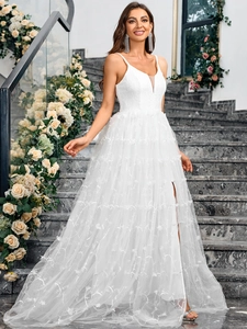 Elegant white V-neck lace maxi dress with tie-back and mesh skirt for summer weddings