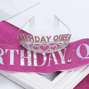 Detailed set of Birthday Queen crown with pink rhinestones and matching glitter sash