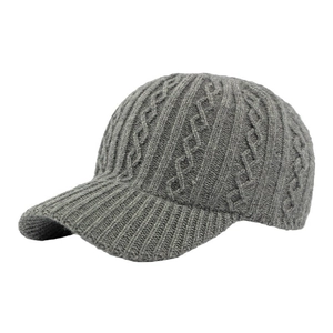 Winter grey cable-knit baseball cap for women featuring warm wool blend and ribbed visor