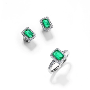 Luxury S925 silver jewelry set with emerald cut green gemstones and diamond accents