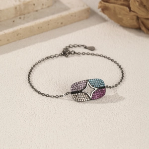 S925 sterling silver black chain bracelet featuring a star-shaped colorful gem pendant