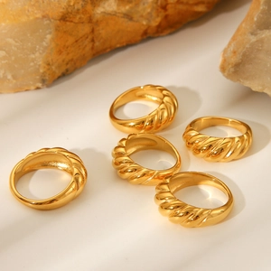 Croissant Dome Ring Stainless Steel 18K Gold Plated Chunky Twist Texture Geometric Tarnish Free Jewelry For Women