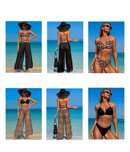 Three-piece leopard bikini set with mesh beach pants shown from multiple angles