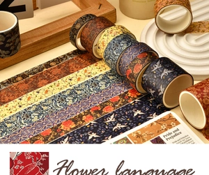 Detail showing vintage washi tape with floral patterns and cranes in a retro setting
