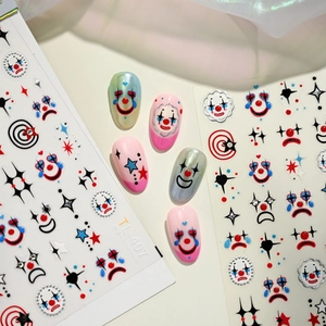 Clown theme nail stickers with unique facial expressions and colorful geometric patterns