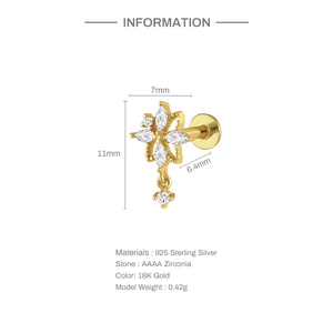 Detail view of gold cross cartilage stud with clear zirconia and dimensions