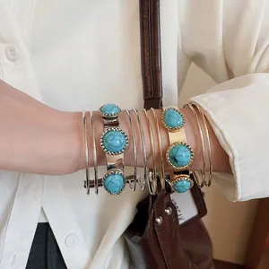 Vintage National Style Iron Multi-layer Open Bangle For Women Acrylic Turquoise Pattern Bohemian Hand Jewelry Accessories