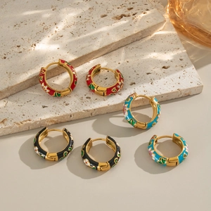 Enamel Flower Huggie Hoop Earrings Vintage Chinese Style Stainless Steel Waterproof Hypoallergenic Retro Jewelry For Women