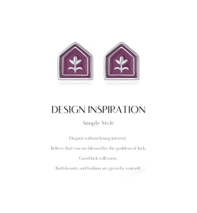 Detailed view of S925 sterling silver house earrings with purple enamel flower motifs