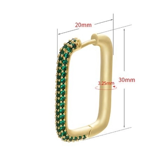 U-shaped gold rectangle hoop earrings with inlaid green crystals for women style