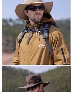 Detail of outdoor wide brim sun hat with mesh vents and adventure windbreaker jacket