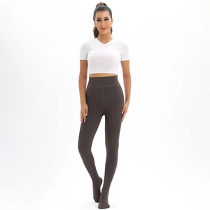 Close-up of high-waisted fleece lined leggings in dark coffee and charcoal grey