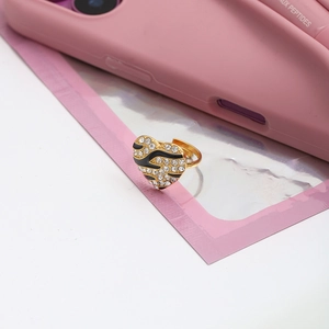 Adjustable golden heart ring with zebra pattern and sparkling white rhinestones