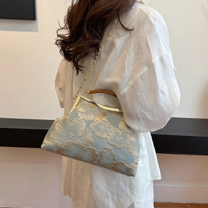 Blue satin handbag with gold floral embroidery and wooden handle for autumn qipao style