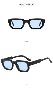 Front and side view of black frame sunglasses with light blue lenses for sun protection